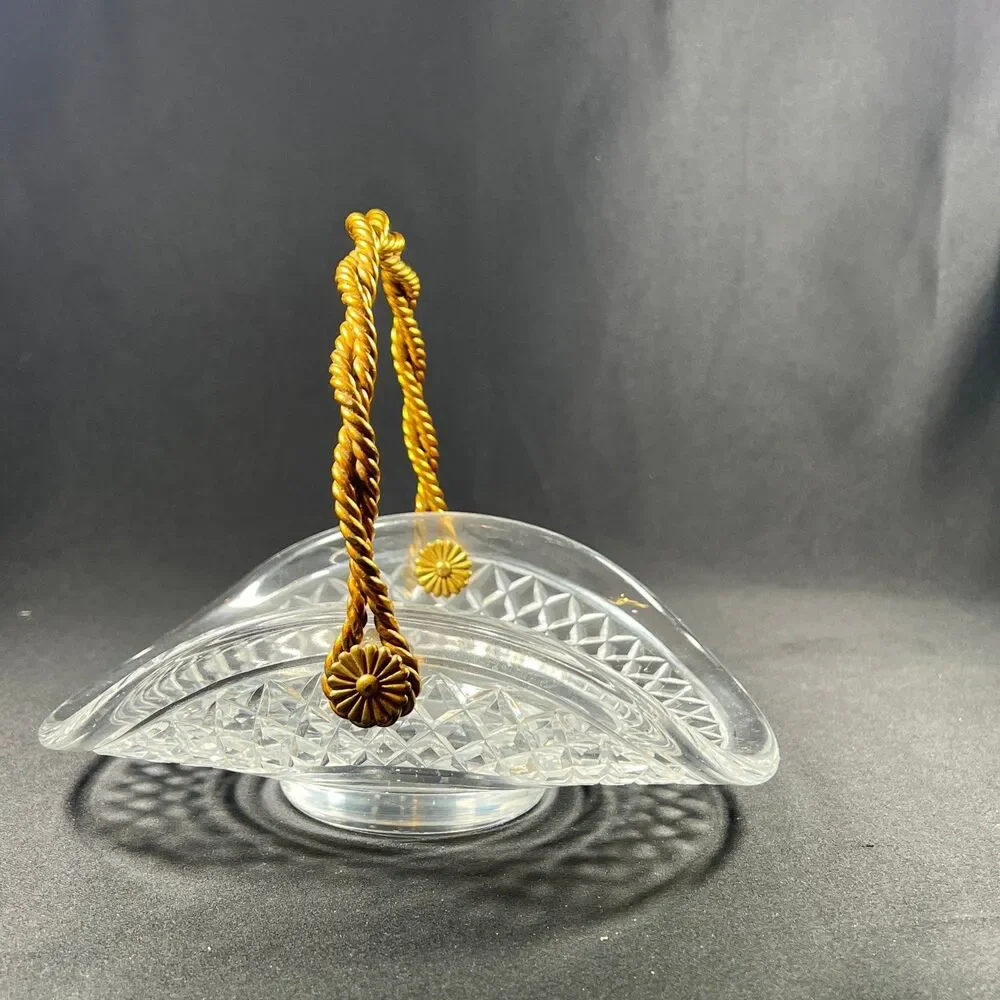 Mid Century Cut Crystal Basket Dish, Roped Brass Handle, Candy Trinket Bowl, VTG